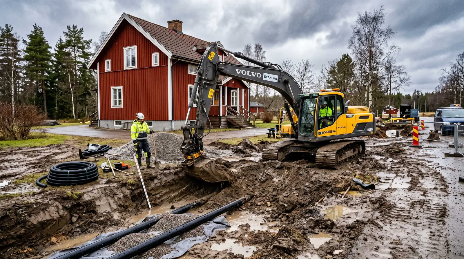 Grävmaskin vid rött hus med grus och dräneringsrör